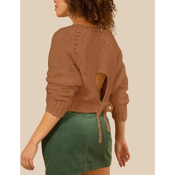 Women's Knit Crop Sweater Popcorn Texture Open Back Bow Tie Casual Chic - Picture 4 of 5